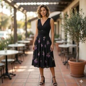 SL Fashions Black Purple Floral Embroidered Knit Taffefta  Fit & Flare Dress